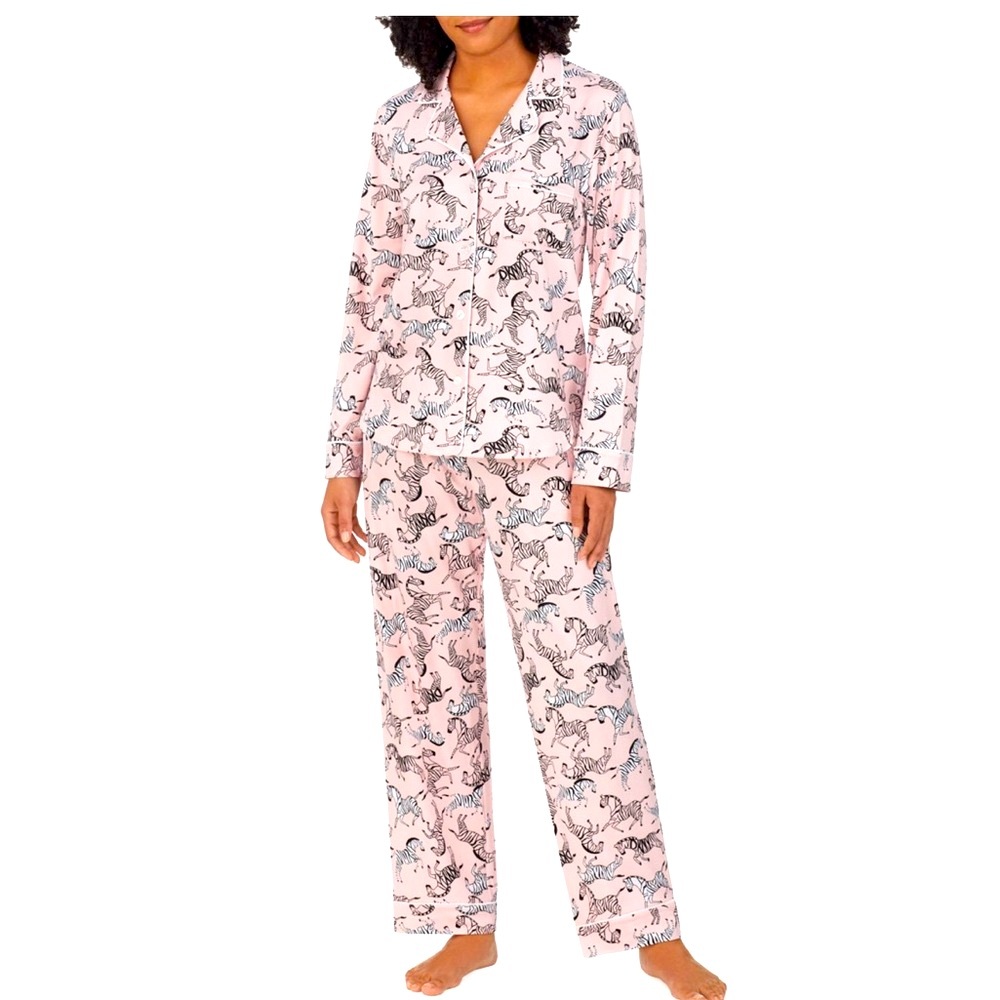 DKNY Cozy Jersey Soft Pink Pajamas Top Pants Set Zebras Women Comfy Soft XL New